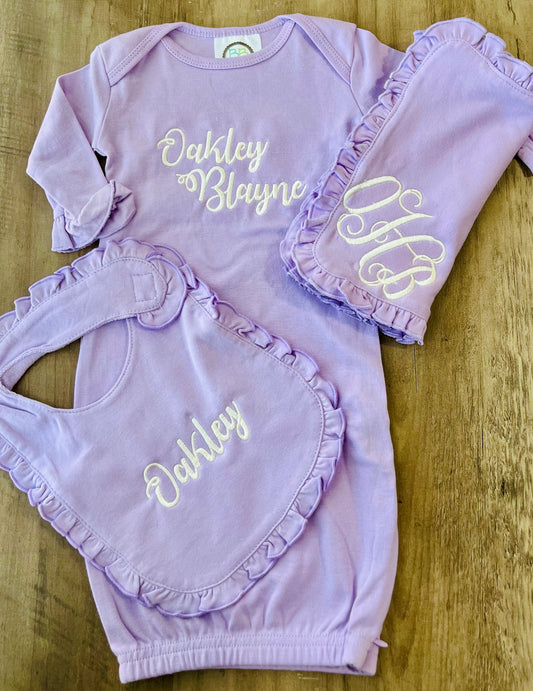 Embroidered Baby Girl Gown, Bib, & Burp Cloth Bundle