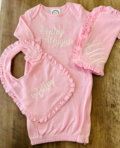Embroidered Baby Girl Gown, Bib, & Burp Cloth Bundle